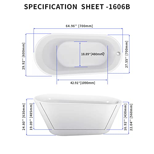 Image of 65 inch Acrylic Freestanding Bathtub, Single Slipper Free Standing Tub, Soaking Tub with Integrated Slotted Overflow, Toe-Tap Chrome Drain, cUPC Certified, Glossy White