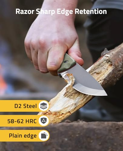 CVLIFE Fixed Blade Knife with Sheath, 5.1\" Full Tang D2 Steel Hunting Knife for Men, Heavy Duty Bushcraft Survival Gear, Outdoor Camping Tools, Non-Slip Nylon Fiberglass Handle, Green
