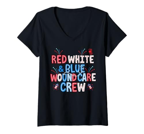 Womens Red White Blue Wound Care Crew Nurse 4th Of July Patriotic V-Neck T-Shirt