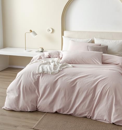 JIYUAN 100% Washed Cotton Duvet Cover Set 3 Pieces Full, 1 Duvet Cover 80x90 Inches (Comforter Not Included) and 2 Pillowcases,Linen Feel Bedding Set Comfy and Breathable, Heathered Greyish Pink