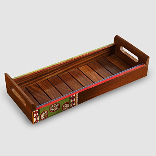 Image of ExclusiveLane 'Warli' Wooden Serving Tray for Snacks (Rectangular Shaped, Handpainted, Brown) | Wooden Tray Set for Serving Tray Set Wooden Tea Trays for Serving Rectangular Breakfast Trays