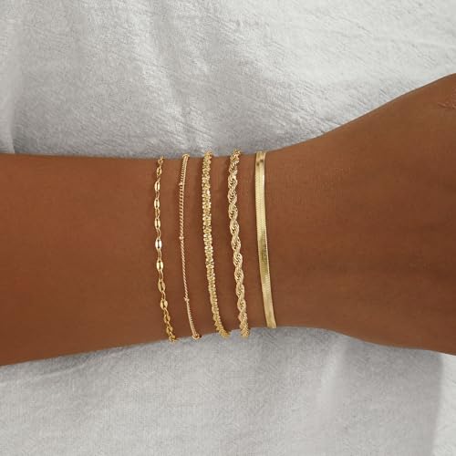 Gold Bracelets for Women, 14K Gold Plated Waterproof Bracelets for Women, Dainty Stackable Adjustable Chain Jewelry Set - Trendy Layered Bracelet Stack Gift, Everyday Wear4
