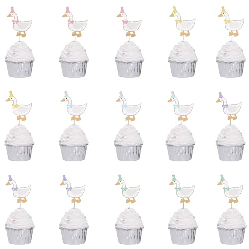 15Pcs One Silly Goose Cupcake Toppers - Silly Goose Cake Decorations, Cute Animal Theme Party Photo Props, Silly Goose Birthday Photo Props, Flower Lawn Cute Animal Party Supplies (Goose Cupcake