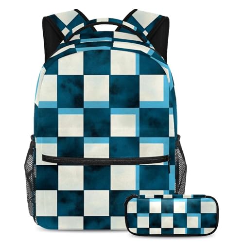 Cartable damier bleu avec trousse assortie grand format pour élève