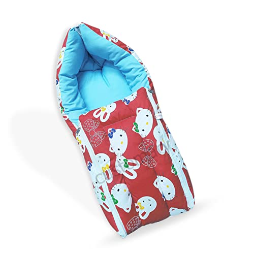 Image of MOM & Son Baby Bedding Set Mattress with Net & Baby Sleeping Bag (0-3 Months) (Red Kitty & Green)