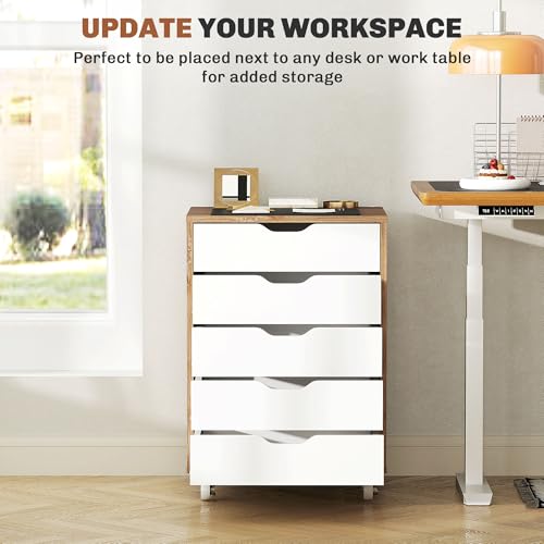 Vinsetto Vertical File Cabinet, 5-Drawer Mobile Office Cabinet for Study, Home Office, Oak - Image 3