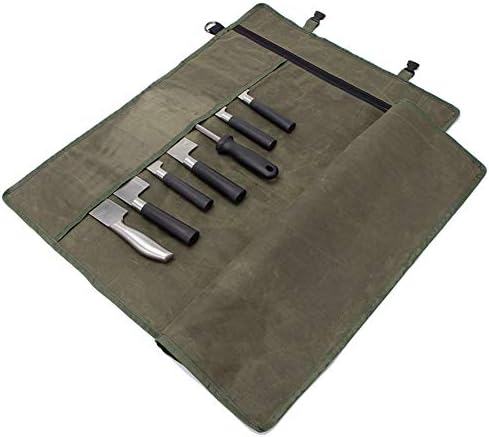 Knife Roll ,Chef’s Knife Roll Bag, Waxed Canvas Knife Cutlery Carrier, Portable Chef Knife Cases, Knife Roll Holders With 10 Slots Plus 1 Zipper Pockets Can Hold Home Kitchen Knife Tools Up To 18.8”