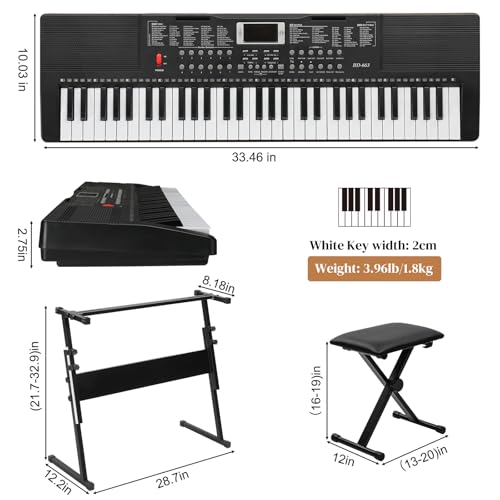 Ktaxon 61 Key Keyboard Piano with 200 Timbres, 200 Rhythms & 60 Demos, Piano Keyboard Includes Stand, Stool, Headphones, Microphone, Note Stickers, Music Holder & Manual (Full H Stand- Black)