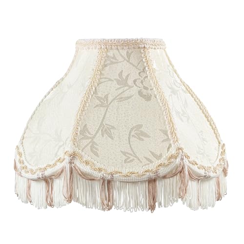 Image of Aspen Creative 55005 Handsewn Scallop Dome Transitional UNO Fringe Lamp Shade in Cornsilk White Jacquard Fabric, 4 inch Top x 10 inch Bottom x 7 inch Height, Slip UNO 33mm