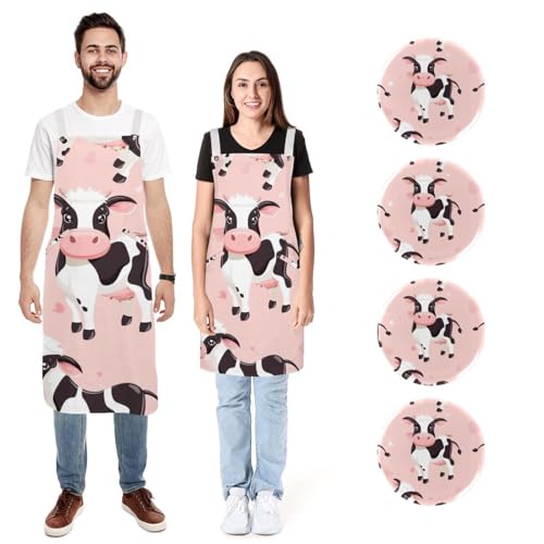 Lot de 2 tabliers de cuisine petite vache rose imperméables avec poches
