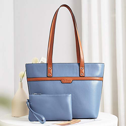 BROMEN Women Handbags Designer Leather Tote Purse Large Capacity Purses and Handbags Shoulder Bag Blue with Brown - Thumbnail 4