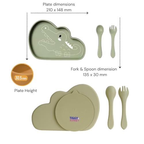 Image of TIGGY & BONNET Crocodile 2 Pcs Silicone Baby Feeding Set for Baby Bpa-Free | Microwave Safe, Anti-Slip Base | Tableware Kit for Babies & Toddlers with Suction Plate & Spoon