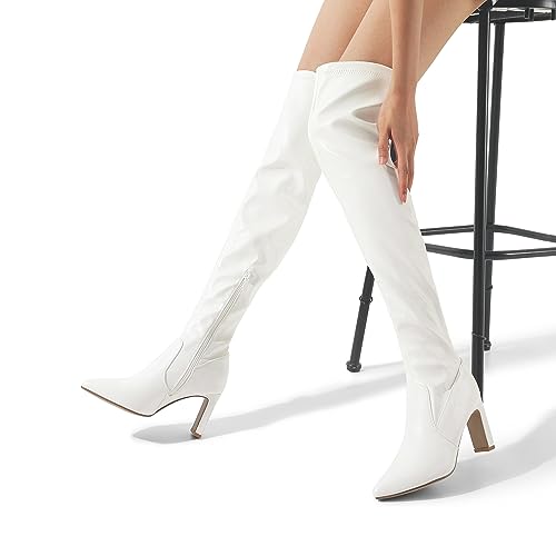 DREAM PAIRS DREAM PAIRS Women's Over The Knee Stretch Thigh High Boots Chunky High Heels Pointed Toe Long Fall Boots,Size 9,White-Pu,SDOB2303W