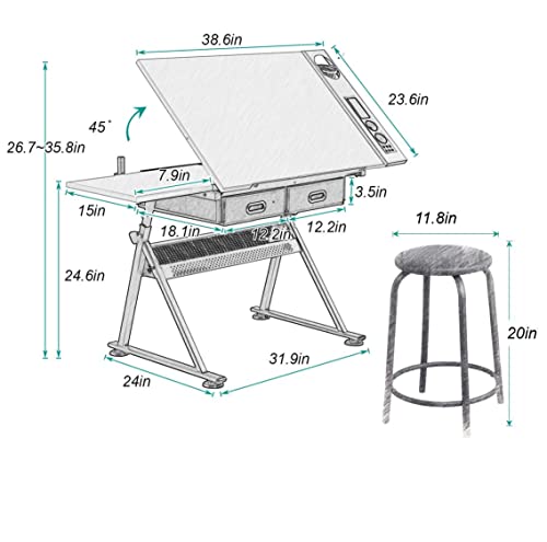 SogesHome Height Adjustable Drafting Table with Stool, 45°Adjutable Drawing Table with Storage Cube, Art Table Crafting Table Craft Work Station with 2-Storage Drawers - Thumbnail 2