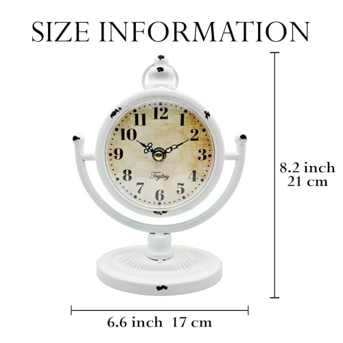 TRYLTRY Relógio de mesa vintage de metal branco, operado por bateria, silencioso, sem tique-taque, r