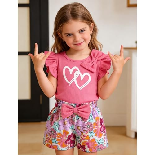 Image of 3-8 T Toddler Girls Clothing Set Ruffle Sleeve Bow Tie Top + Floral Shorts Set