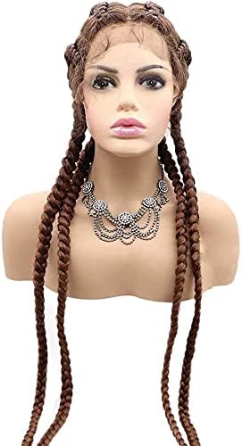 Brown Box Braid Lace Front Wig Mix Brown Cornrow 4 Twist Braided Hair Wig with Baby Hair Braiding Heat Resistant Fiber 4 Braided synthetic Daily Wear Wigs for Women 30 Inches - Image 3