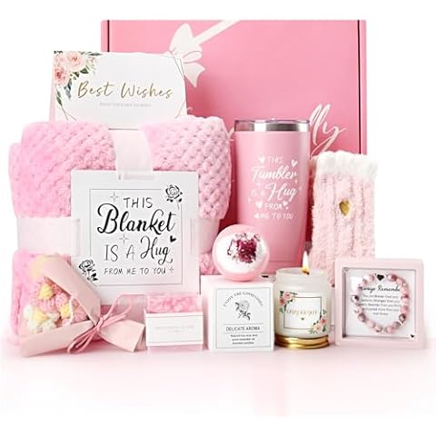 Birthday Gifts for Women, Mom, Wife, Girlfriend, Self Care Gifts for Women, Rose Relaxing Spa Gifts Basket, 10Pcs Get Well Soon Care Package with Luxury Flannel Blanket, Valentine's Day New Year Gifts Cover