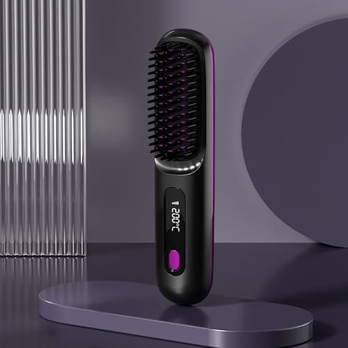 Go Brush Pro 2025 Cordless Hair Straightener Brush – 3 Heat Settings, USB Rechargeable, 2-in-2 Straightener & Curler, Ionic Anti-Static for All Hair Types (Black)