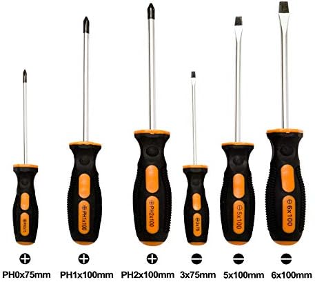 Durable 6pc Screwdriver Set  Chrome Vanadium Steel with Magnetic Tips  Includes 3X Flat-Head Sizes: 3x75mm/5x100mm/6x100mm and 3X Phillips-Head: PH0x75mm/PH1x100mm/PH2x100mm