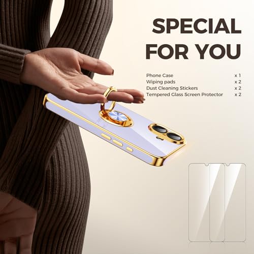 Nonional Compatible for iPhone 16 Case with 2 Pack Screen Protector, 360° Rotatable Ring Holder [Luxury Hearts Pattern] Plating Gold Edge Slim Soft Phone Cover Case for iPhone 16 - Lavender by Nonional - Used condition - Image 6