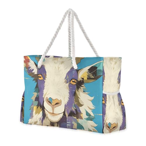 Vintage Colorful Goat Sandproof Totes For Women with side pocketes Large Beach Bag for Travel Gym Vacation
