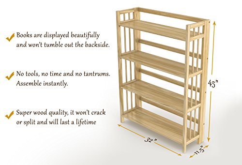 Stony-Edge Folding Bookcase, Easy Assembly Bookshelf for Home Office Storage. 32” Natural - Thumbnail 2