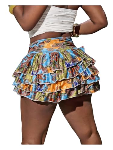 WDIRARA Women's Paisley Print Ruffle Hem Tiered Layered Mini Cake Skirts High Waisted Vacation Boho Skirt