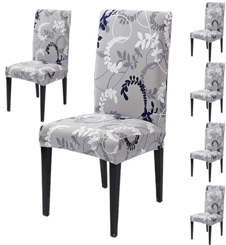Image of Styleys Chair Covers for Dining Room, Stretch Dining Chair Cover, Washable Spandex Kitchen Chair Slipcovers (Set of 6, Leaves Grey, SD3213)