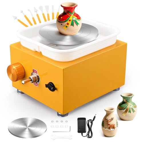 Torno Alfarero,Torno Ceramica 2000 RPM de Velocidad Ajustable,Torno de Alfarero con Placas de 10/6,5 cm,Kit Ceramica para Niños y Adultos（Amarillo）