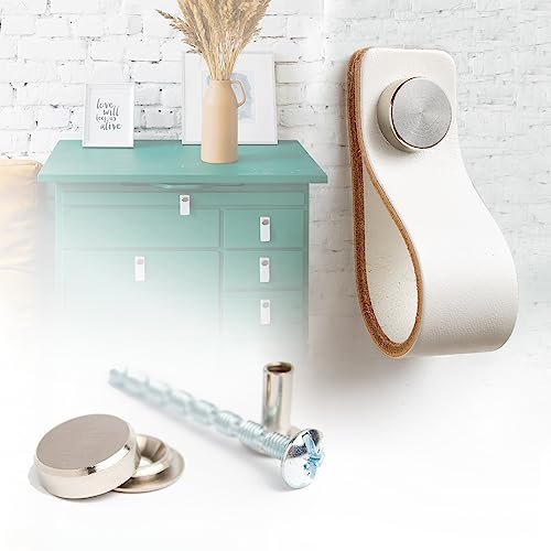 LA CHUECA POLO Tirador Cajon Blanco Vintage Minimalista Cuero Argentino (6PCS) Pomo Infantil Piel Armario Cocina Ropero (Small, Rustic White)