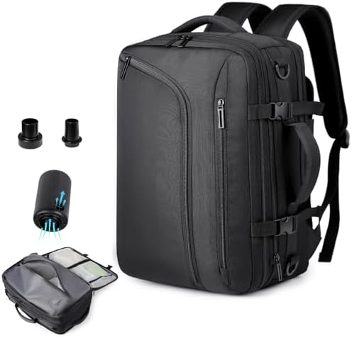 FormiPow Vacuüm Rugzak met pomp, airbag compressie, Handbagage 45x30x22 Carry On Travel, 36-55 liter, TSA-incheslot, Casual dagrugzak, geschikt voor trekking, werk, vrouwen mannen, waterdicht, zwart