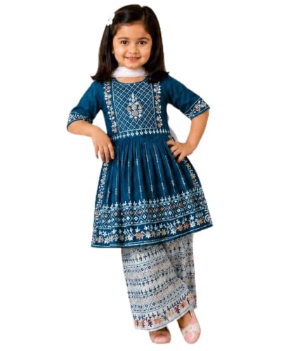 Image of Girls Embroidered Printed Kurta with Printed Palazzo Set, Ethnic Wear, 3-Piece