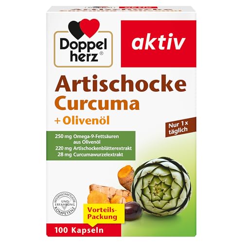 Doppelherz Artischocke + Olivenöl + Curcuma - Pflanzliches Nahrungsergänzungsmittel mit Artischocken- & Kurkuma-Extrakt sowie Omega 9-Fettsäuren - 100 Kapseln