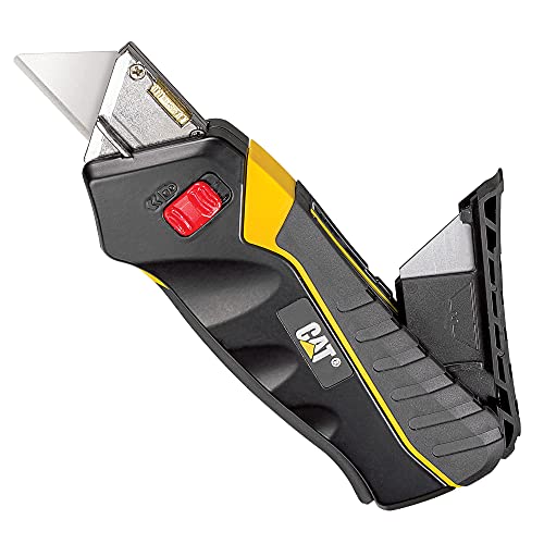 Cat Safety Utility Knife Box Cutter Self-Retracting, Squeeze Handle to Extend, Release to Retract, Lock Open w/Switch, Ergo Handle w/ 3 Safety-Tip Blades That Store Inside - 240071