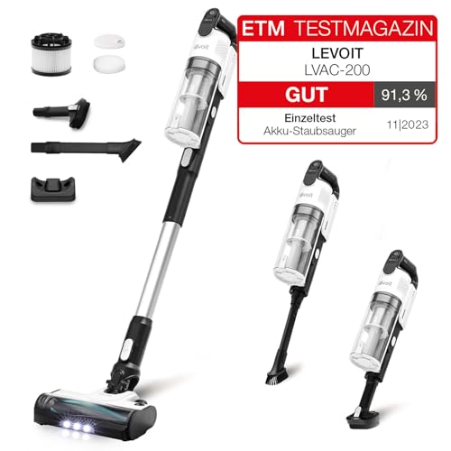 Levoit Akku Staubsauger mit Tierhaardüse, Anti-Haar-Verwicklung, max 50min Laufzeit, 4-in-1 Kabelloser Akkustaubsauger mit 99,9% Filterleistung, Beutelloser Akkusauger für Teppich Hartböden und Auto., 150.99 €