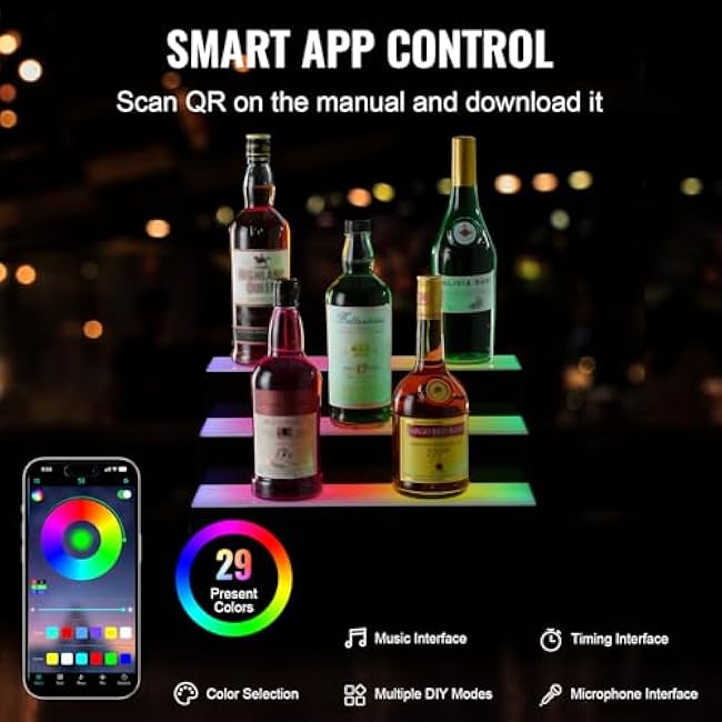 VEVOR LED Lighted Liquor Bottle Display, 3 Tiers 16 Inch Commercial Illuminated Home Bar Shelf, 3 Steps Whiskey Rack Stand, Acrylic Drink Shelves with RF Remote & App Control, and Multicolor Light