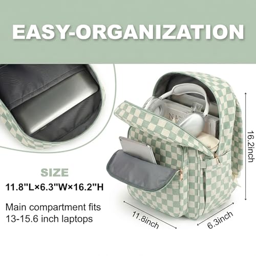 Image of Women Laptop Backpack, Corduroy 15.6 inch Travel Backpack for Work College Business, Teacher Nurse Bag with Large Capacity School Bookbag Bags for Girls - Checkered Matcha Green