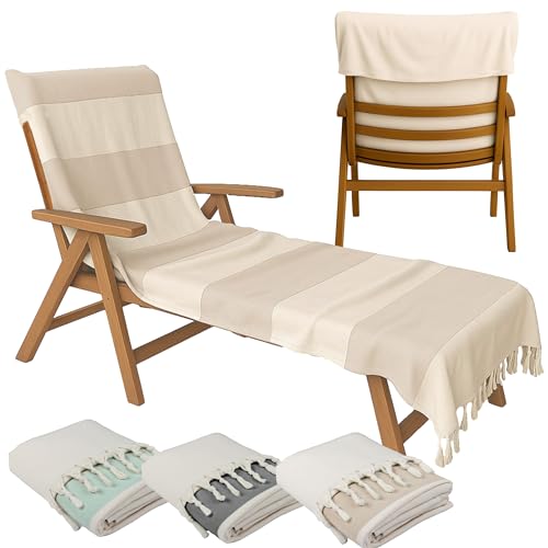 CalmyBEACH Handtuch für Sonnenliege 200x70cm - mit Kapuze 100% Baumwolle Schonbezug für Gartenliege Liegenhandtuch mit Umschlag Liegestuhl Bezug Liege Strandliege (Braun/Natur)