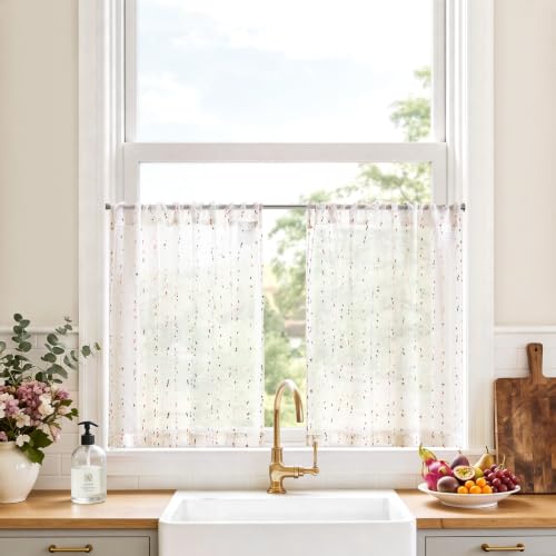 Vangao Rideau Cuisine Voilage Fenetre 90L x 60H cm Lot de 2 Blanc et Rouge