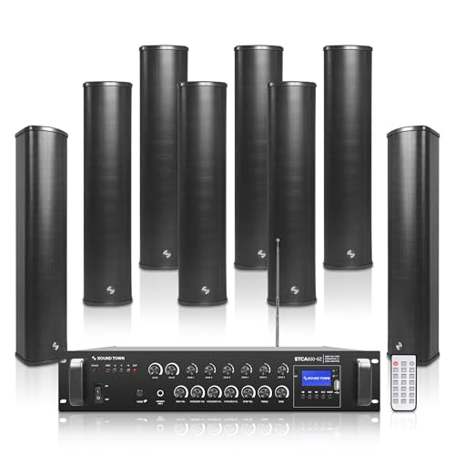 Sound Town Commercial Restaurant Bluetooth Amplifier + Column Speaker Set, with One 6-Zone 70V/100V Amplifier with Bluetooth, 8 x All-Weather Four 5-Inch Column Speakers, Black (STCA600X8CL45B)