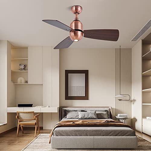 Kamlam 36" Ceiling Fan With Light And Remote, Copper Low Profile Ceiling Fan With Quiet Reversible Motor,3 Walnut Wood Blades,Timing, 6 Speeds, Indoor Outdoor Modern Ceiling Fan For Bedroom Kids Room #TOP2