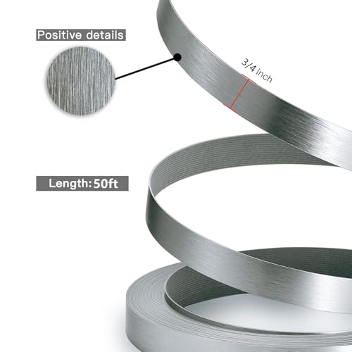 Image of PVC Edge Banding, 3 /4 inch x 50ft Non Glued Flexible Durable Real Brushed Aluminum Grey Silver Veneer Edge Trim for DIY Table Cabinet Furniture Decorative Trim