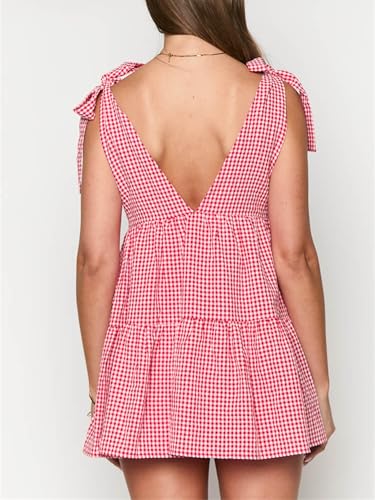 Image of Women Y2k Plaid Short Dress Sleeveless Tie Shoulder Backless Flowy Babydoll Gingham Mini Dress Casual Cute Streetwear