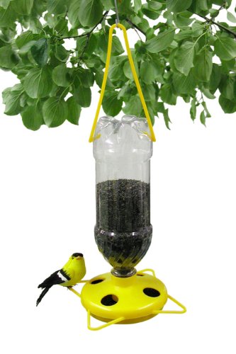 Gadjit Soda Bottle Thistle Bird Feeder - Attracts Songbirds to Your Yard, Fill Plastic Soda Bottle with Thistle Nyger Seed, Twist onto Feeding Tray, Hang Outdoors-Fun Project for Kids at Home(Yellow)