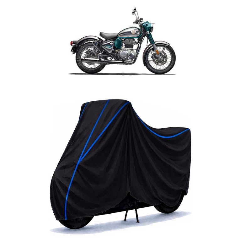 Image of Classic 350 Chrome Bike Cover Water Resistant Universal Motorcycle Rain | Heavy Duty UV Protection, Dust, Scratch Indoor Outdoor All Weather with Black Blue Piping Elastic