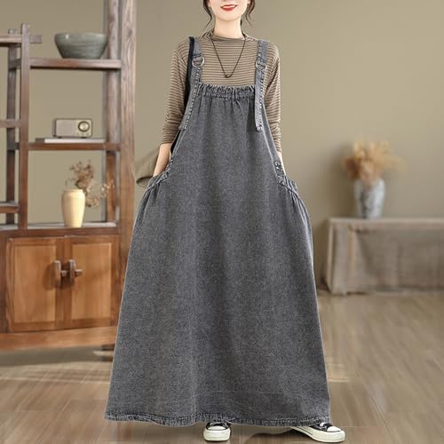 Image of Women's Casual Loose Denim Dress Sleeveless Adjustable Straps Denim Jumper Dress with Pockets