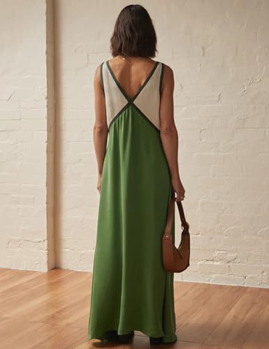 Womens Summer Color Block Satin Dress Loose V Neck Contrast Patchwork Flowy Beach Vacation Long Tank Maxi Dresses3