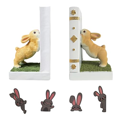 Bunny Bookend Set with 4 Bookmarks – Cute Rabbit Book Holders for Kids Books, Childrens Room Shelves, White Forest Animal Bookends, Peter Rabbit...