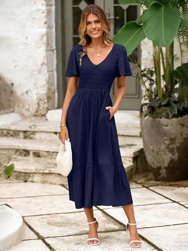 Image of Simplee Womens Summer Smocked Flowy Dress - Casual Flutter Sleeve Tiered Boho Maxi Dresses with Pockets